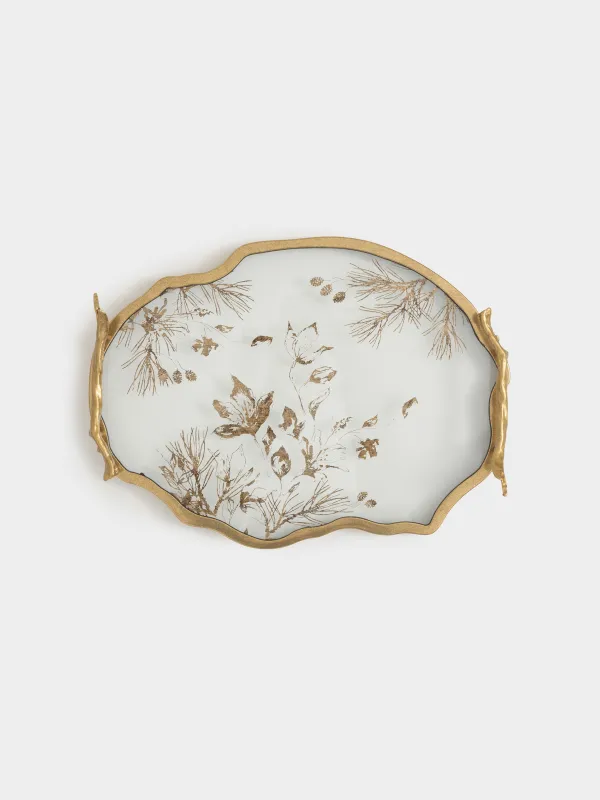 Поднос, 41x30 см, с ручками, пластик/стекло, фигурный, золотистый, Еловые ветки и цветы, Ralend, image-3