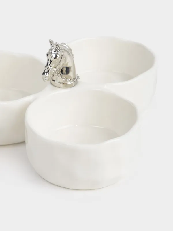 Менажница, с декором, 17 см, 3 отд, фарфор P/металл, молочная, Конь, Horse silver, image-2