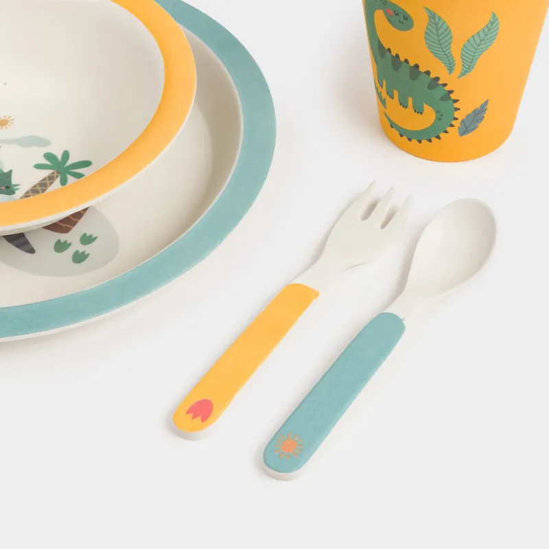 Ыдыс-аяқ жиынтығы, балаларға арналған, 5 зат, бамбук, сары-көк, динозаврлар, Dino, image-1