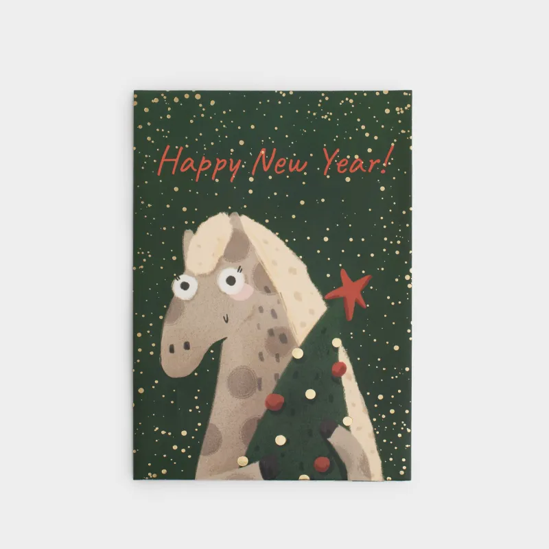 Открытка подарочная, 12х17 см, бумага, зеленая, Лошадь с елкой, Horse cute