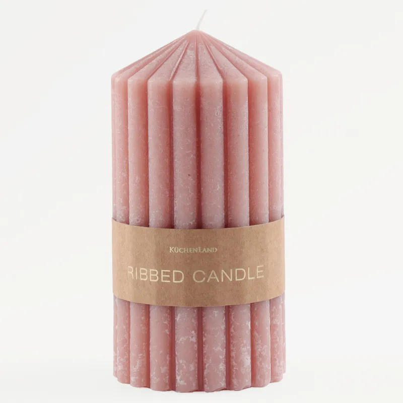 Свеча, 14 см, цилиндрическая, розовая, Ribbed candle, image-2