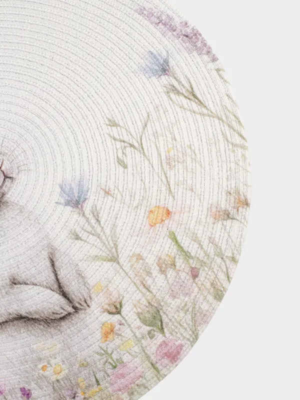 Салфетка под приборы, 38 см, полиэстер, круглая, белая, Кролик в цветах, Rotary print, image-2