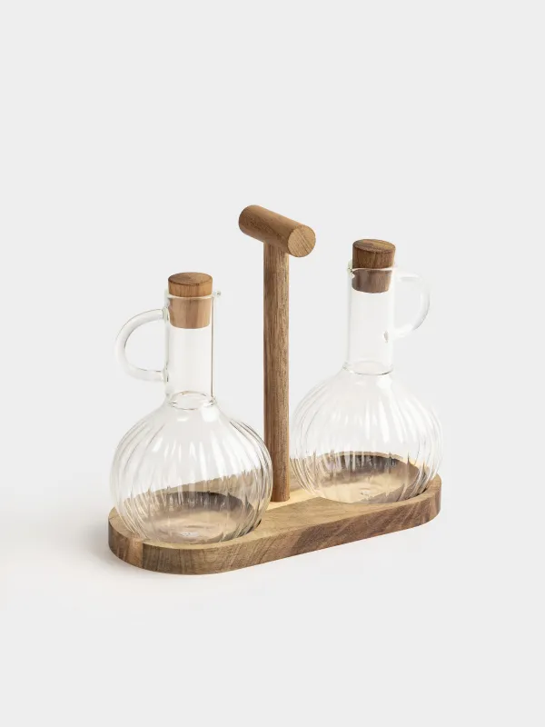 Набор для масла и уксуса, 300 мл, 2 шт, на подставке, стекло/дерево, Noble tree, image-1