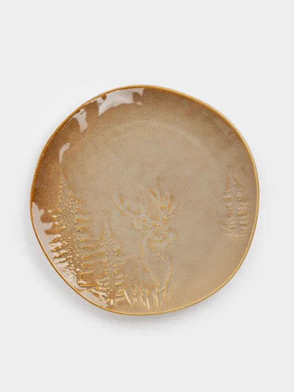 Тарелка закусочная, 22 см, керамика, коричнево-бежевая, Олень в лесу, Snowy forest, image-0