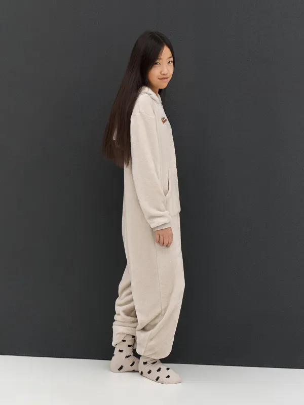 Комбинезон детский, домашний, с капюшоном, флис, бежевый, Кот, Annie, image-7