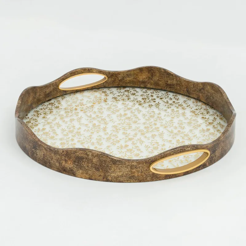 Поднос, 35 см, пластик/стекло, круглый, золотистый, Цветы, Floral, image-1