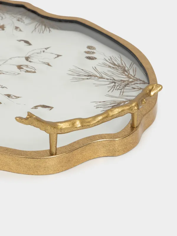 Поднос, 41x30 см, с ручками, пластик/стекло, фигурный, золотистый, Еловые ветки и цветы, Ralend, image-4