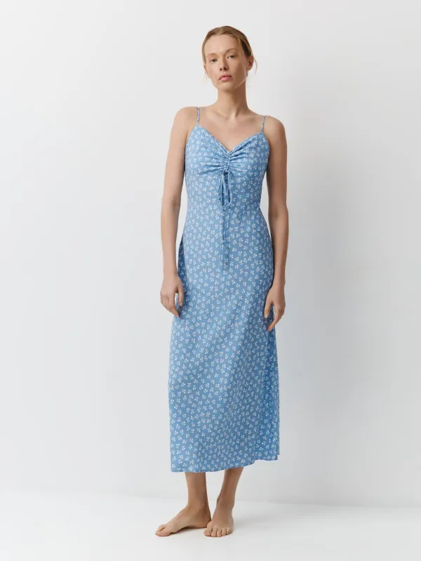 Әйелдер көйлегі, миди, өлшемі XS, белдіктері бар, вискоза, көгілдір, Гүлдер, Deborah, image-1