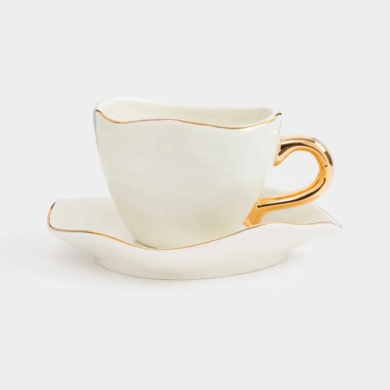 Шай жұбы, 1 адам, 2 зат, 280 мл, фарфор Р, алтын жиегі бар, Бұйра жиекті, Wavy gold, image-0