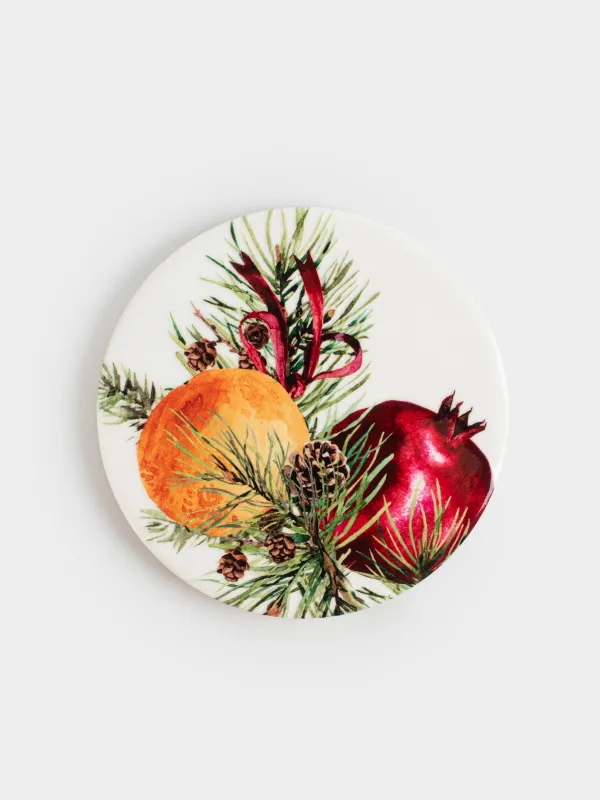 Подставка под кружку, 11 см, круглая, керамика/пробка, молочная, Гранаты и апельсины, Christmas miracle, image-0