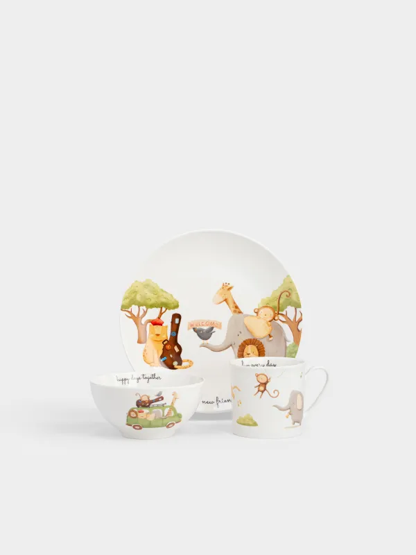 Ыдыс-аяқ жинағы, балаларға арналған, 1 адам, 3 зат, фарфор N, ақ, Музыкалық жануарлар, Jungle, image-0