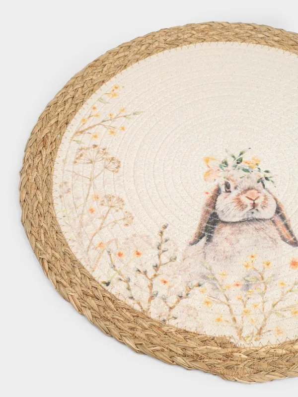 Аспаптарға арналған майлық, 38 см, полиэстер/теңіз шөптері, дөңгелек, құм түстес және ақ, Қоян, Easter, image-1