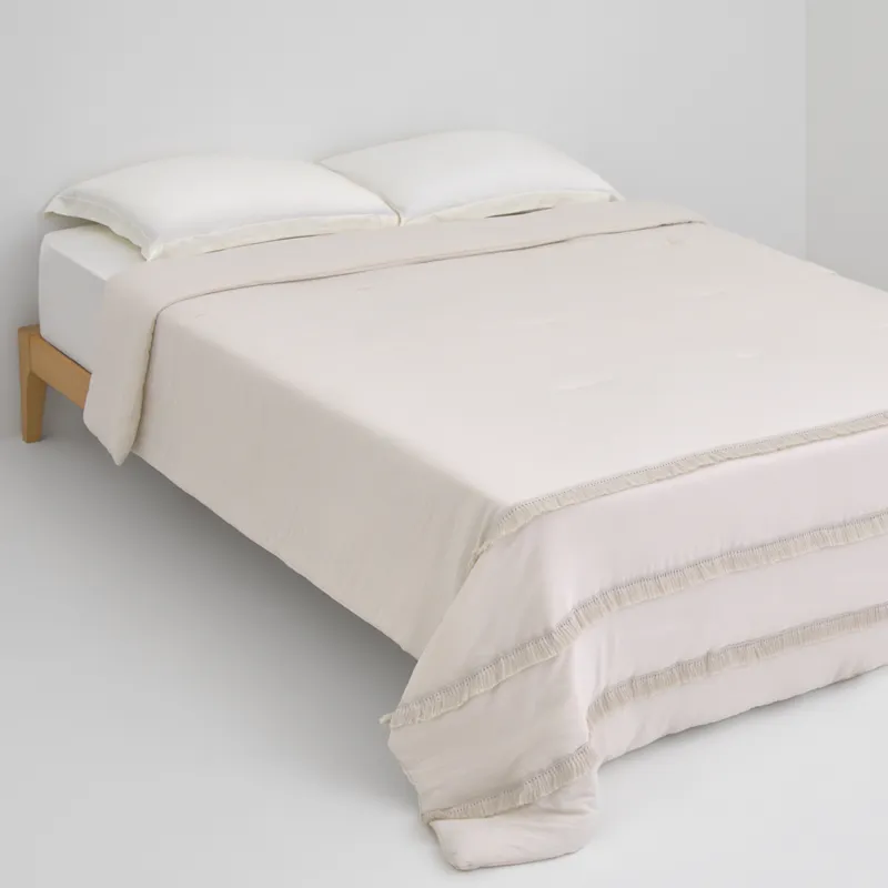 Покрывало, 220х240 см, стеганое, с бахромой, микрофибра, бежевое, Stitch