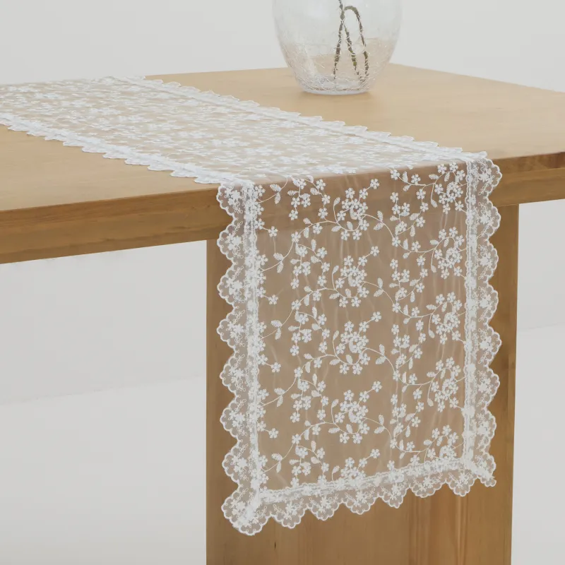Дорожка настольная, 40х160 см, с кружевом, полиэстер, белая, Ажурные цветы, Lace flowers