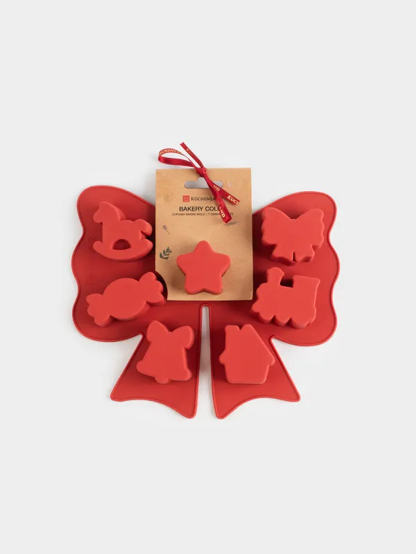 Форма для выпечки кексов, 18х21 см, 7 отд, силикон, красная, Бант, Bakery color, image-4