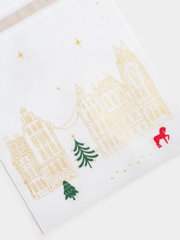 Сыйлық пакеті, 20х30 см, жіптері бар, полипропилен, ақ, Үйлер мен жылқы, Snow sparks, image-1