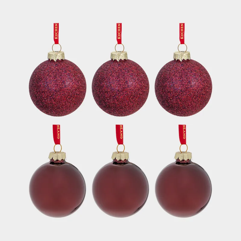 Шырша ойыншықтарының жиынтығы, 6 см, 6 дана, шыны, жылтырақтары бар, қою қызыл, Шар, Ball sparkle