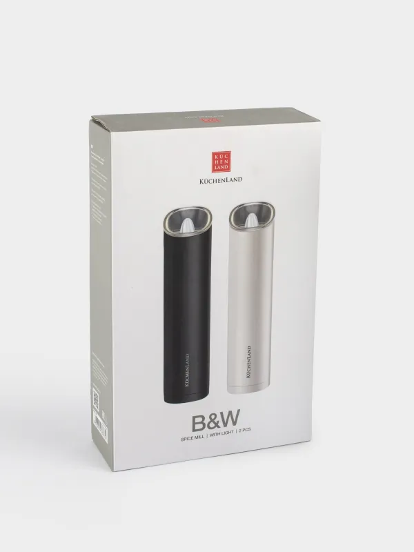 Мельница для специй, 20 см, 2 шт, гравитационная, пластик, LED W, белая/черная, B&W, image-4