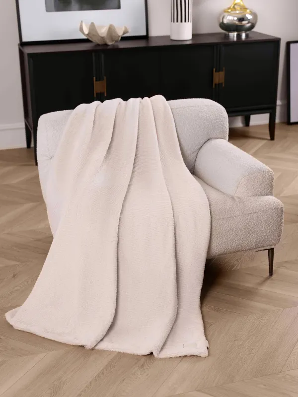 Плед, 130х170 см, двусторонний, искусственный мех/фланель, молочный, Полосы, Flannel, image-0