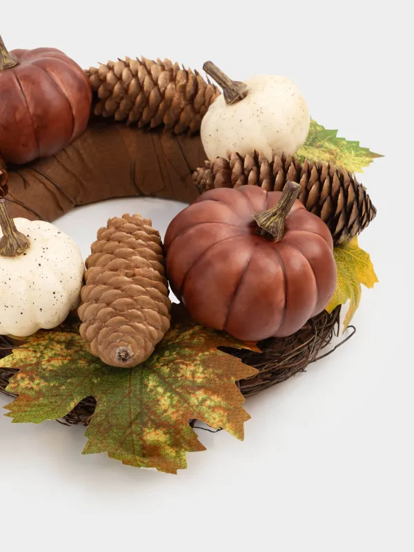 Сәндік гүл шоғы, 10/21 см, пенопласт/полиэстер, Шырша бүршіктері мен жапырақтары бар асқабақтар, Autumn fusion, image-3