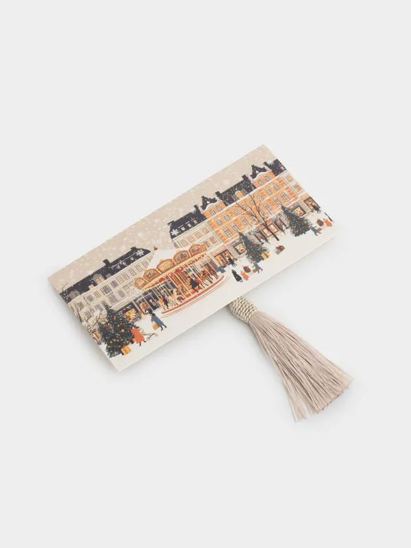 Сыйлық конверті, 17х9 см, шашағы бар, қағаз, сүт түстес, Әткеншек, Christmas carousel, image-1