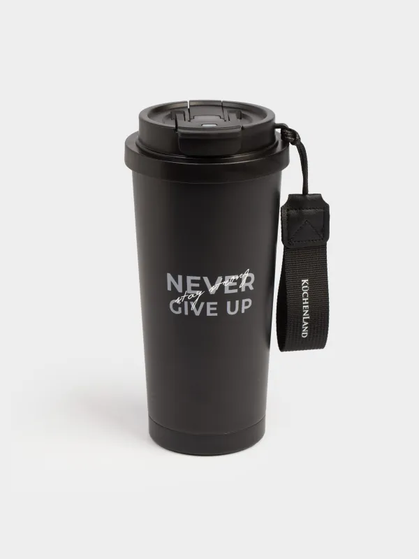 Термо саптыаяқ, 500 мл, клапан/түтік, бауы бар, болат/пластик, қара және алтын, Ballad, image-0