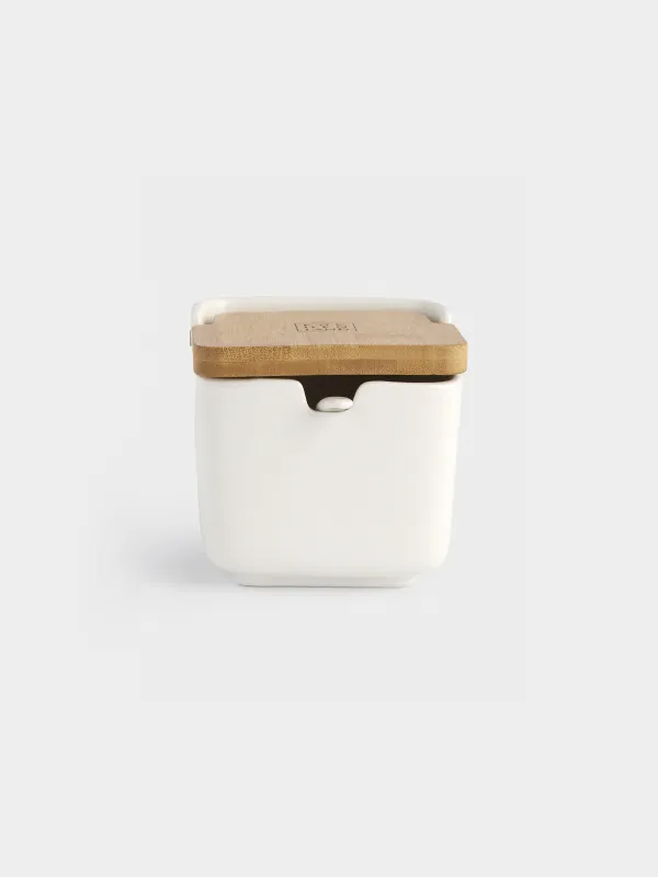Банка для сыпучих продуктов, 250 мл, с ложкой, фарфор P/бамбук, белая, Keep, image-0