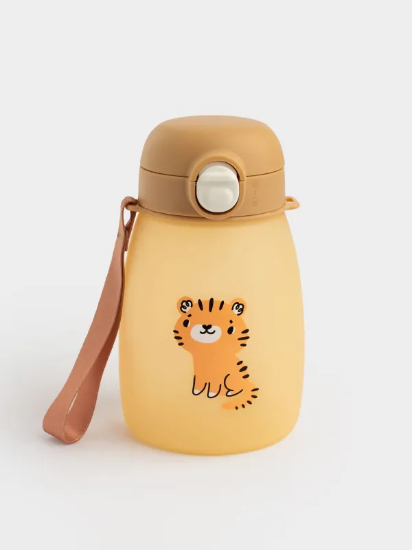 Ішуге арналған бөтелке, балаларға арналған, 460 мл, бауы бар, силикон/пластик, сары, Жолбарыс, Aquatic, image-0