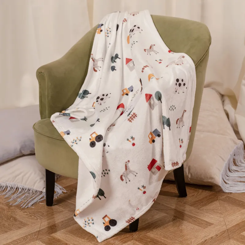 Көрпе, 90х120 см, балаларға арналған, фланель, сүт түстес, Ферма, Flannel