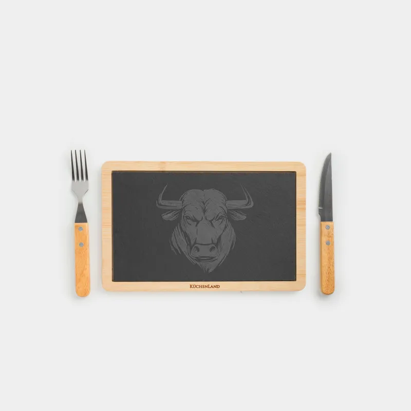 Набор для подачи стейка, 1 перс, 3 пр, сталь/сланец/бамбук, Бык, BBQ