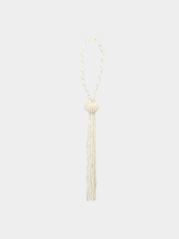 Игрушка елочная, 16 см, с кисточкой, бисер, белая, Шар, Ball tassel, image-1
