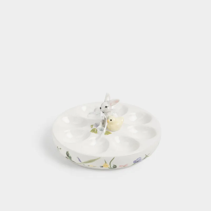 Пасха ыдысы, 19х8 см, 8 бөлім, керамика, сүт түстес, Гүлдер арасындағы қоян мен балапан, Easter