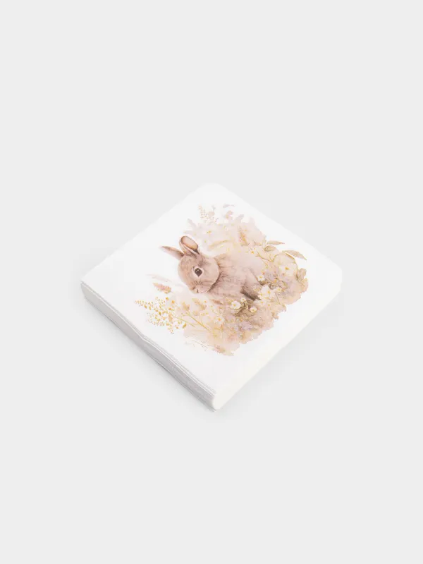 Қағаз майлықтар, 33х33 см, 20 дана, төртбұрышты, ақ, Гүлдер арасындағы қоян, Easter, image-1