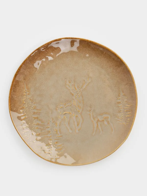 Тарелка обеденная, 27 см, керамика, коричнево-бежевая, Олени в лесу, Snowy forest, image-0