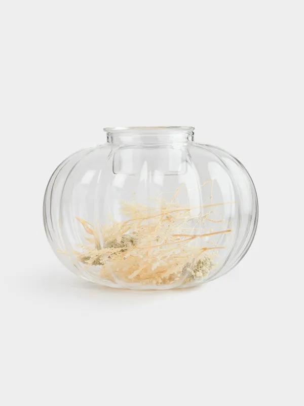 Шам ұстағыш, 13х9 см, шай шамына арналған, шыны Б, кептірілген гүлдері мен жапырақтары бар, Асқабақ, Decor candle, image-0