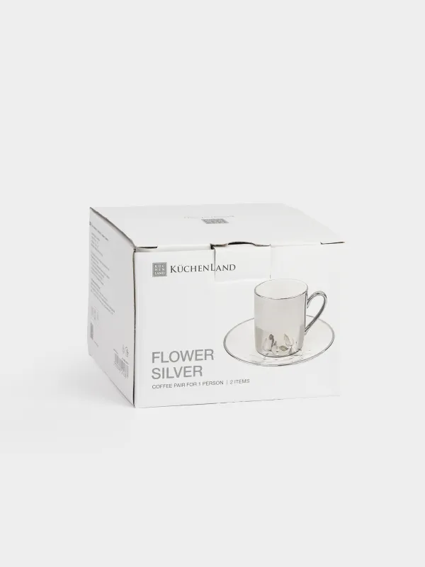 Пара кофейная, 1 перс, 2 пр, 90 мл, фарфор N, бело-серебристая, Цветок, Flower silver, image-6