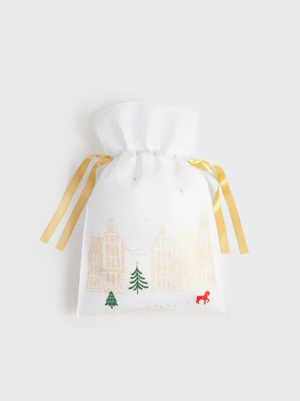 Мешок подарочный, 30х45 см, с завязками, полипропилен, белый, Домики и лошадь, Snow sparks, image-3