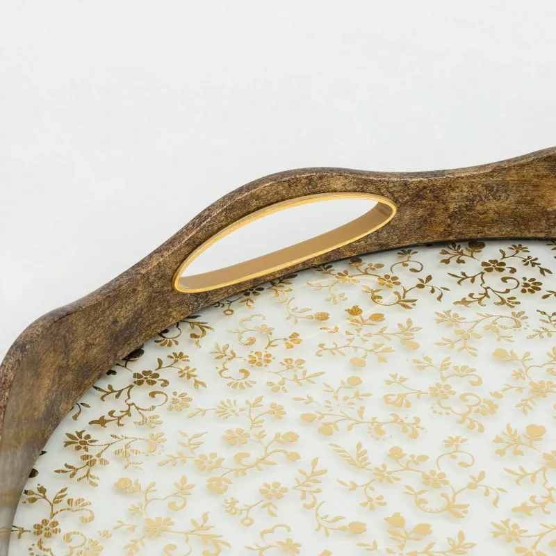 Поднос, 35 см, пластик/стекло, круглый, золотистый, Цветы, Floral, image-6