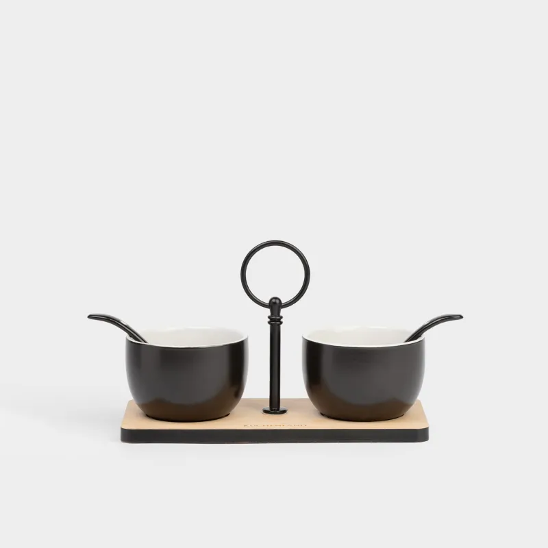 Джем/қант вазасы, 120 мл, 2 дана, қасық/стендте, керамика / бамбук, қара, Loft