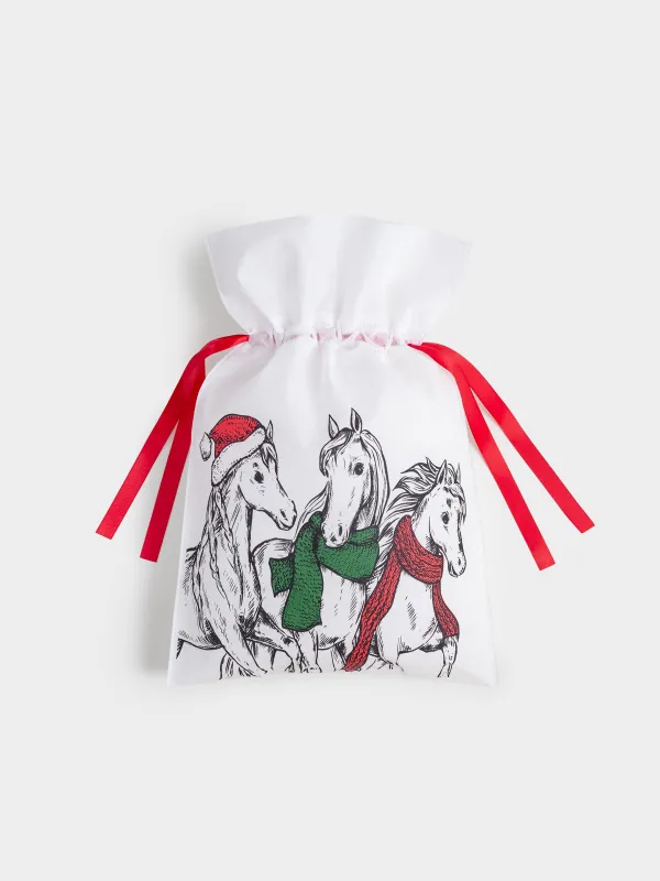Мешок подарочный, 30х45 см, с завязками, полипропилен, белый, Лошади в шарфах, Horse trio, image-3