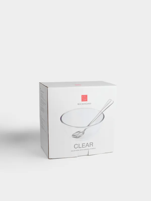 Салат ыдысы, 23 см, 2,7 л, 3 зат, қасық/шанышқымен, шыны Б/болат, Clear, image-6