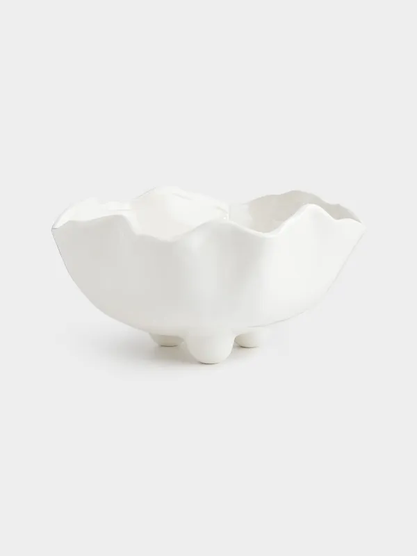 Жеміс вазасы, 25х13 см, аяқты, керамика, сүт түстес, седеп, Мыжылған әсер, Crumple polar, image-0