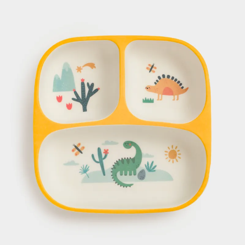 Түскі ас тәрелкесі, балаларға арналған, 18 см, 3 бөлім, бамбук, шаршы, сары, динозаврлар, Dino