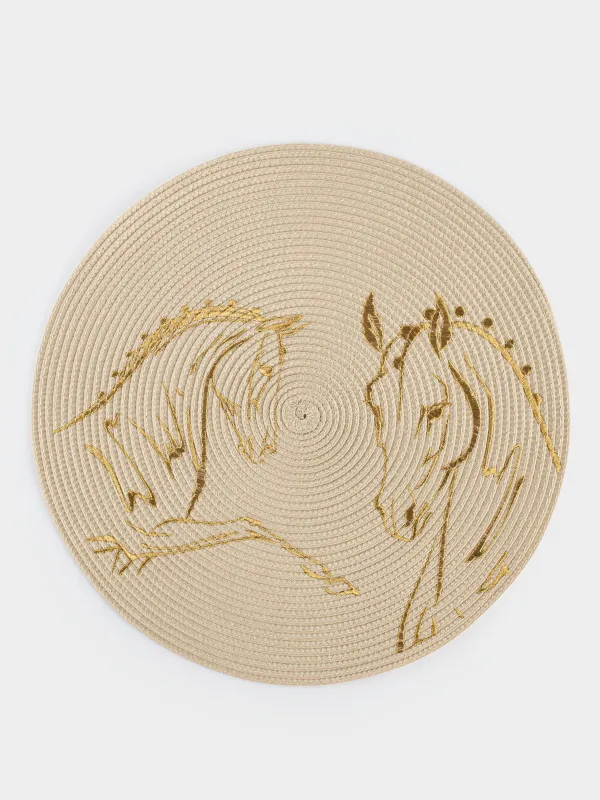 Салфетка под приборы, 38 см, полиэстер, круглая, молочная, Лошади, Circle embroidery, image-0