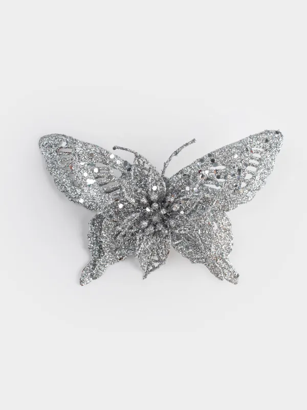 Сәндік әшекей, 16 см, қыстырғышта, пластик, күміс, Гүлі бар көбелек, Flower decor, image-0