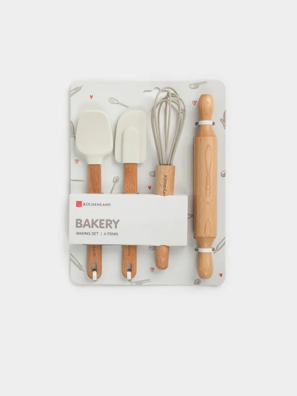 Пісіруге арналған жиынтық, 4 зат, қасық/қалақша/бұлғауыш/оқтау, силикон/ағаш, Bakery, image-4