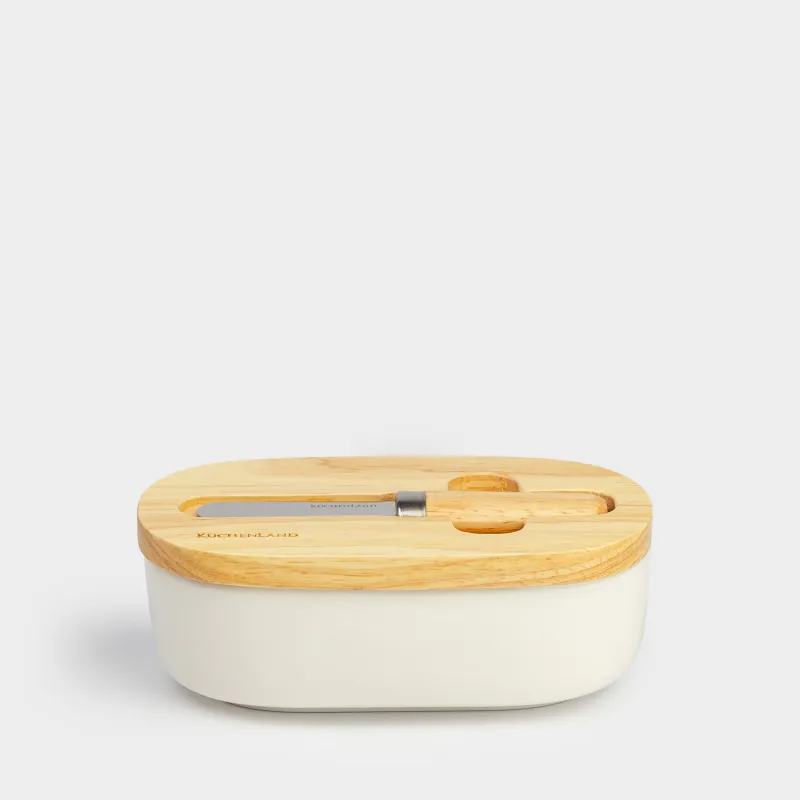 Масленка, 15 см, с ножом, фарфор N/дерево, овальная, Light kitchen
