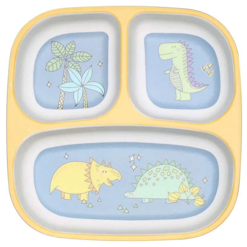 Түскі ас тәрелкесі, балалар тәрелкесі, 18 см, 3 отд, бамбук, шаршы, сары-көк, Динозавр, Dino