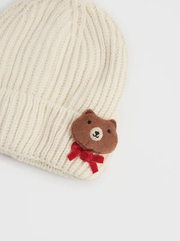 Шапка детская, единый размер, в рубчик, акрил/полиэстер, молочная, Мишка, Warm kids, image-1