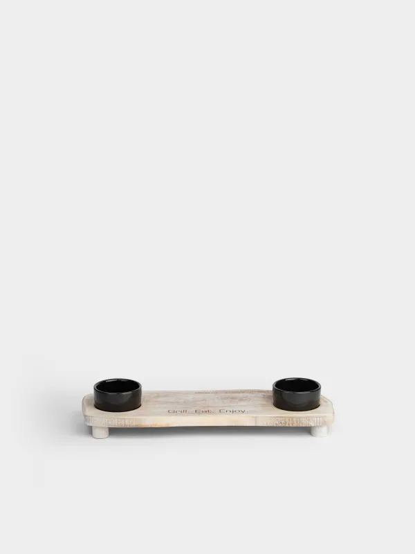 Блюдо для подачи стейка, 38x13х7 см, на ножках, с пиалами для соусов, дерево/керамика, Noble tree, image-1